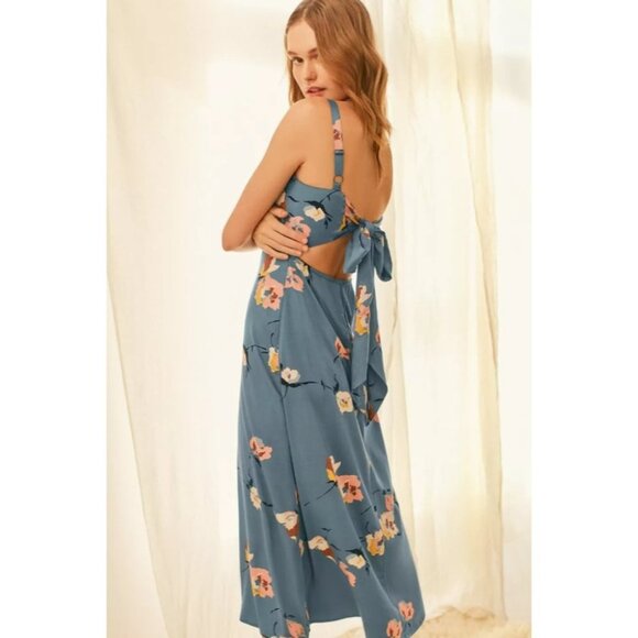 Urban Outfitters Blue Floral Layla Straight-Neck Tie-Back Midi Dress M - Picture 3 of 16